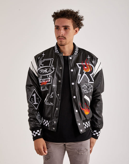 Wheel & Chain varsity Jacket  ( black flames)