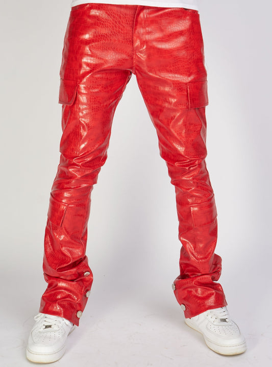 Politics Jeans - Alligator Leather Stacked Flare With Embroidery Harris - Red And White - 562