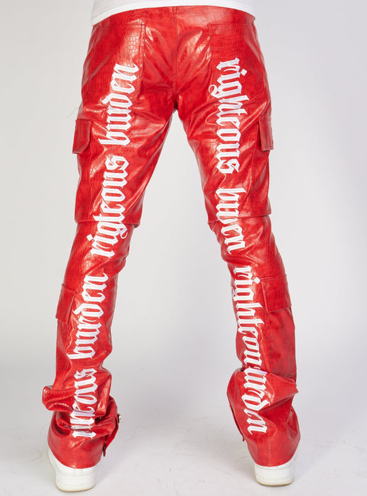 Politics Jeans - Alligator Leather Stacked Flare With Embroidery Harris - Red And White - 562