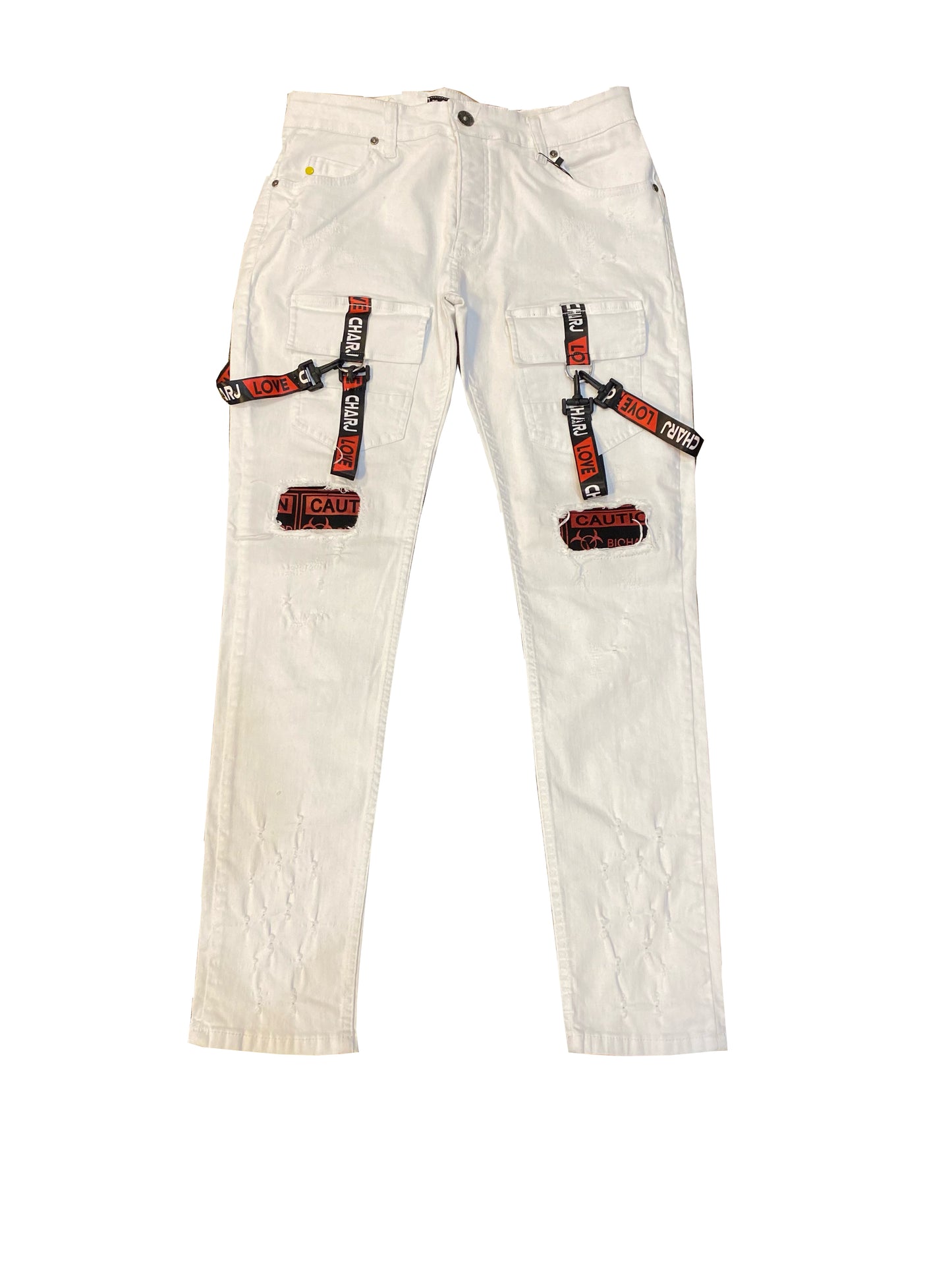 Char J White Denim (Black and Red Straps w/Black and Red Cuts)