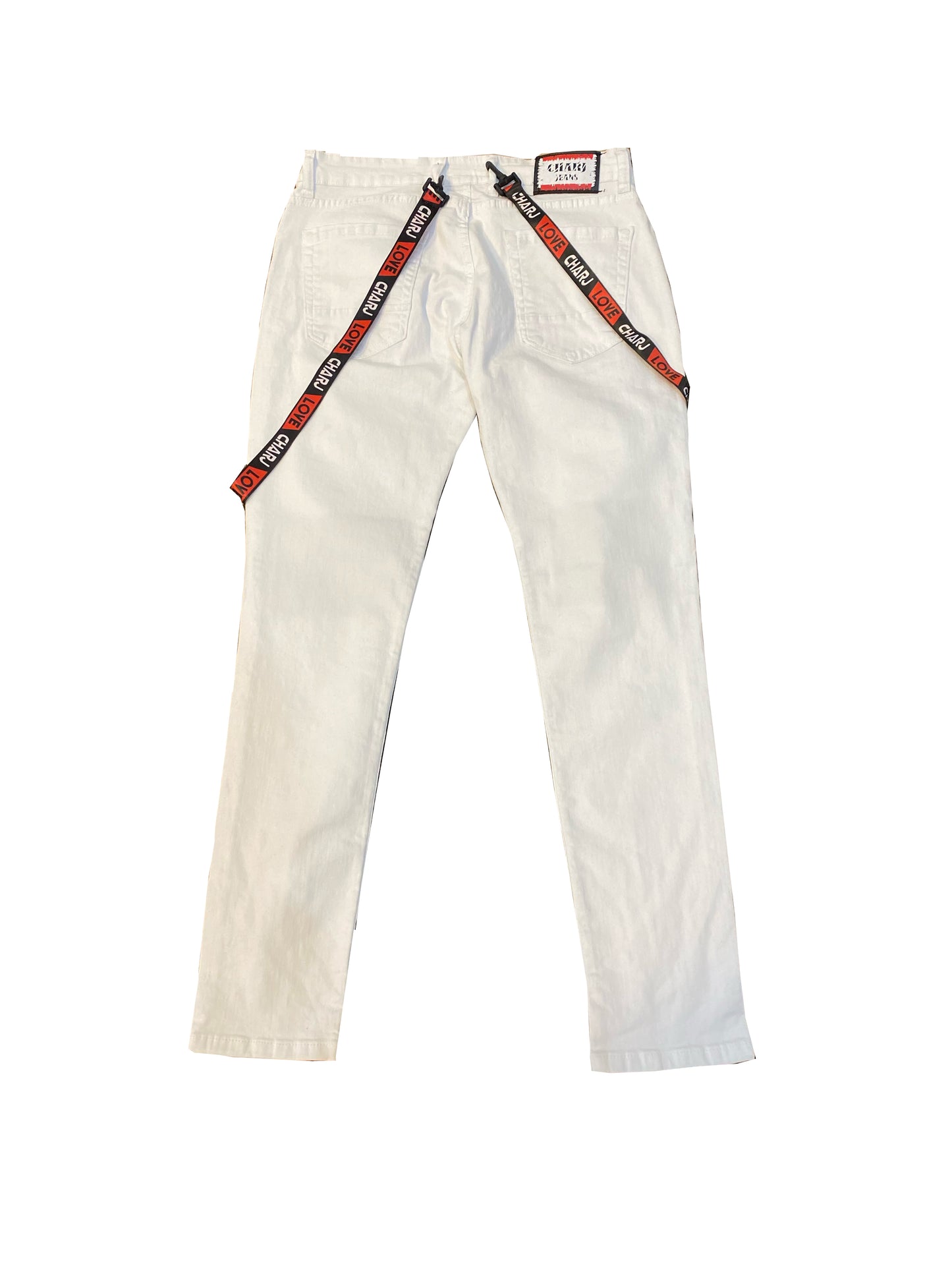 Char J White Denim (Black and Red Straps w/Black and Red Cuts)