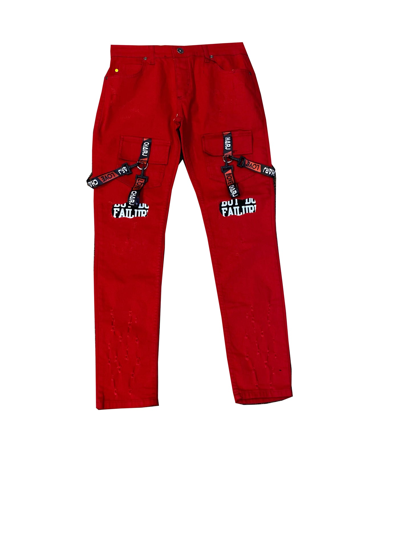 Char J Red Denim Black and Red Straps w/Black and Red Cuts